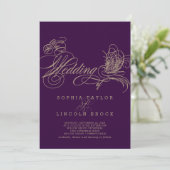 Paarse Elegant Gold Calligraphy Wedding Invitation Kaart (Staand voorkant)