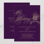 Paarse Elegant Gold Calligraphy Wedding Invitation Kaart (Voorkant / Achterkant)