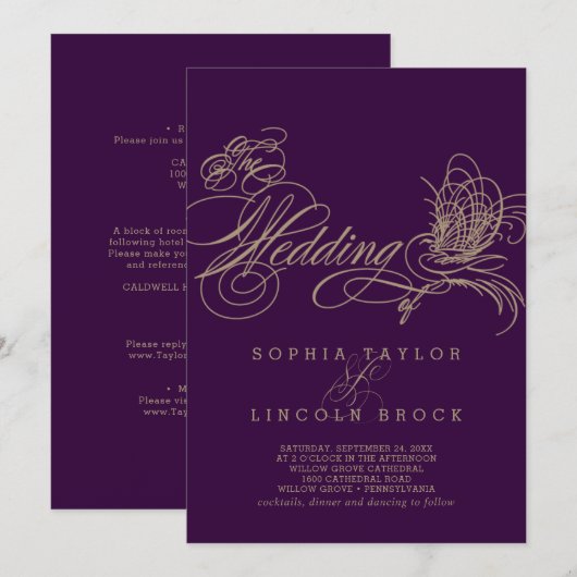 Paarse Elegant Gold Calligraphy Wedding Invitation Kaart (Voorkant / Achterkant)