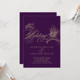 Paarse Elegant Gold Calligraphy Wedding Invitation Kaart