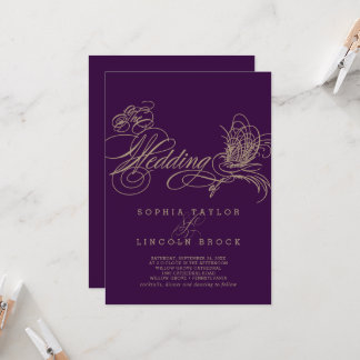 Paarse Elegant Gold Calligraphy Wedding Invitation Kaart