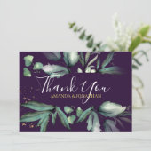 Paarse Elegant Greenery Foto Wedding Bedankkaart (Staand voorkant)