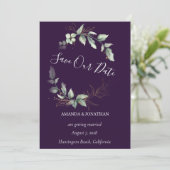 Paarse Elegant Greenery Wedding Save the Date Kaar Kaart (Staand voorkant)
