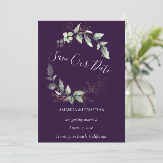 Paarse Elegant Greenery Wedding Save the Date Kaar Kaart (Staand voorkant)