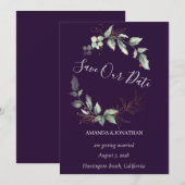 Paarse Elegant Greenery Wedding Save the Date Kaar Kaart (Voorkant / Achterkant)