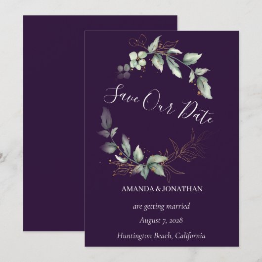 Paarse Elegant Greenery Wedding Save the Date Kaar Kaart (Voorkant / Achterkant)