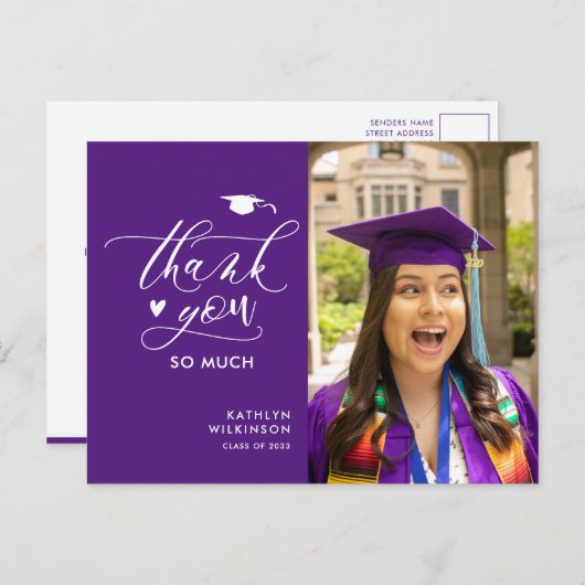 Paarse Elegant Script Photo Afstuderen Hartelijk d Briefkaart (Voorkant / Achterkant)