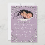 Paarse Elegant Scroll Baby Birth Announding Kaart (Voorkant)