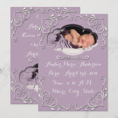 Paarse Elegant Scroll Baby Birth Announding Kaart (Voorkant / Achterkant)