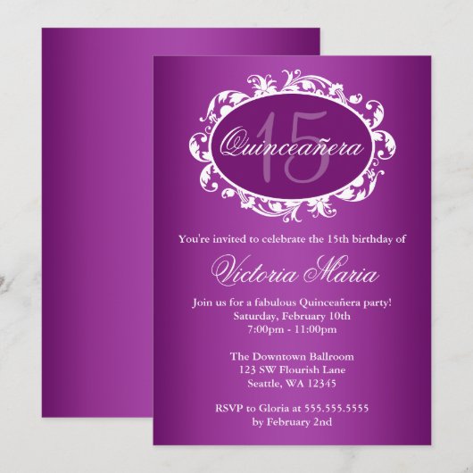 Paarse Elegant Swirl Quinceanera Birthday Kaart (Voorkant / Achterkant)