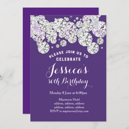 PAARSE elegantdiamant, verjaardagsuitnodiging Kaart (Voorkant / Achterkant)