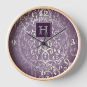 Paarse Elegante Bloei Monogram Klok (Voorkant)
