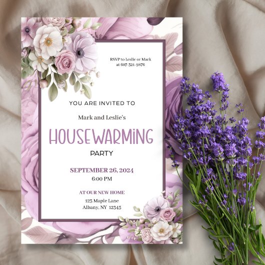 Paarse Elegante Bloemen Housewarming Party Kaart
