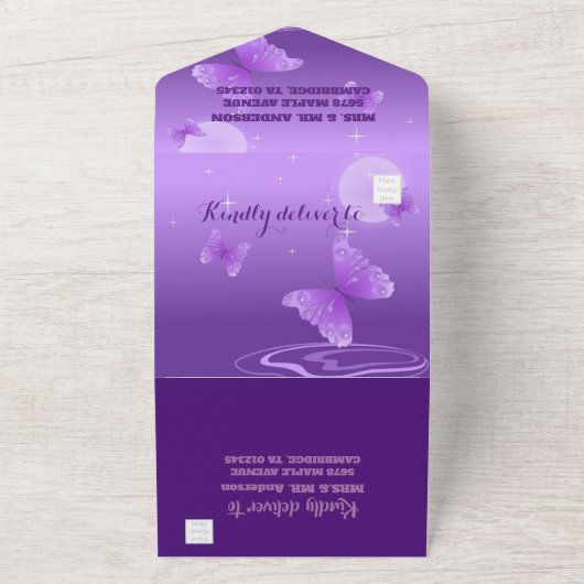 Paarse Elegante Bloemen & Vlinders  All In One Uitnodiging (Buitenkant)