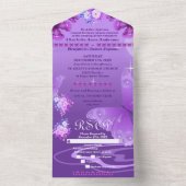 Paarse Elegante Bloemen & Vlinders  All In One Uitnodiging (Binnen)