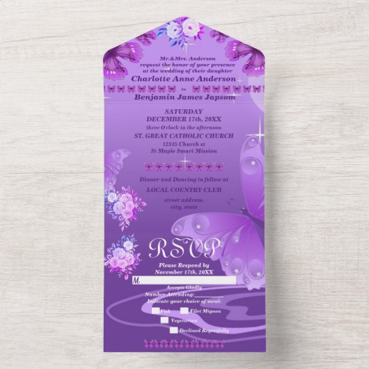 Paarse Elegante Bloemen & Vlinders  All In One Uitnodiging (Binnen)