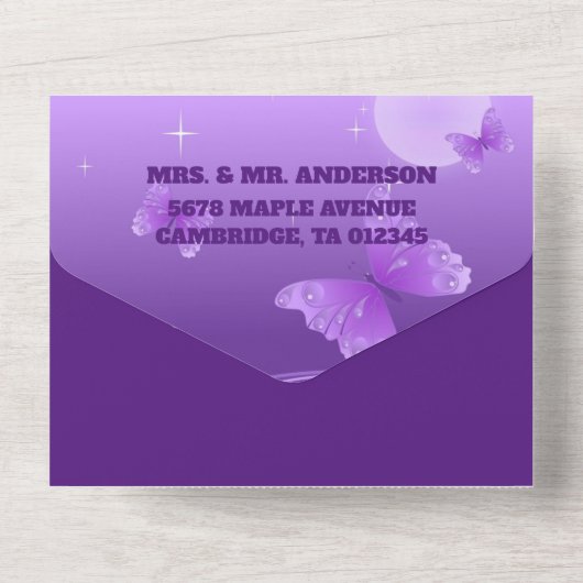 Paarse Elegante Bloemen & Vlinders  All In One Uitnodiging (Achterkant)