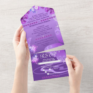 Paarse Elegante Bloemen & Vlinders  All In One Uitnodiging