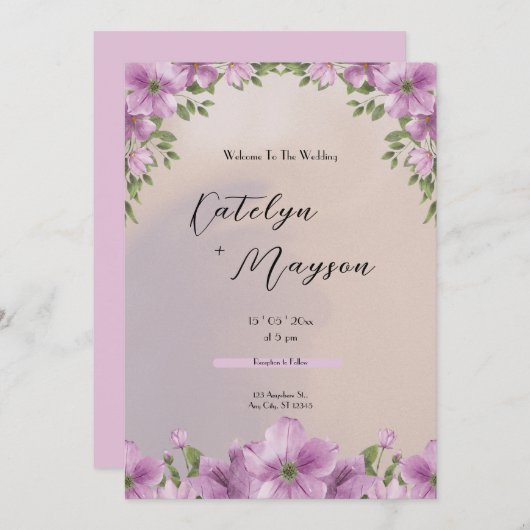 Paarse Elegante Bloemen Waterverf Bruiloft Kaart (Voorkant / Achterkant)