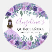 Paarse Elegante Bloemenquinceanera Ronde Sticker (Voorkant)