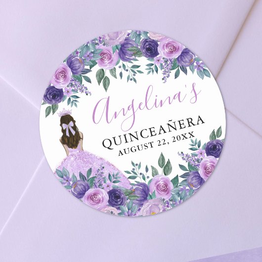 Paarse Elegante Bloemenquinceanera Ronde Sticker