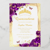 Paarse Elegante Bloemenvlinder Quinceanera Folie Uitnodiging (Voorkant)
