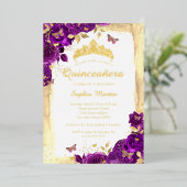 Paarse Elegante Bloemenvlinder Quinceanera Folie Uitnodiging (Staand Voorkant)