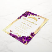 Paarse Elegante Bloemenvlinder Quinceanera Folie Uitnodiging (Gedraaid)