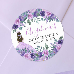 Paarse Elegante Bloemige Quinceanera Ronde Sticker