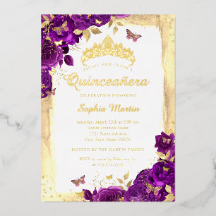 Paarse Elegante Bloemige Vlinder Quinceanera Folie Uitnodiging