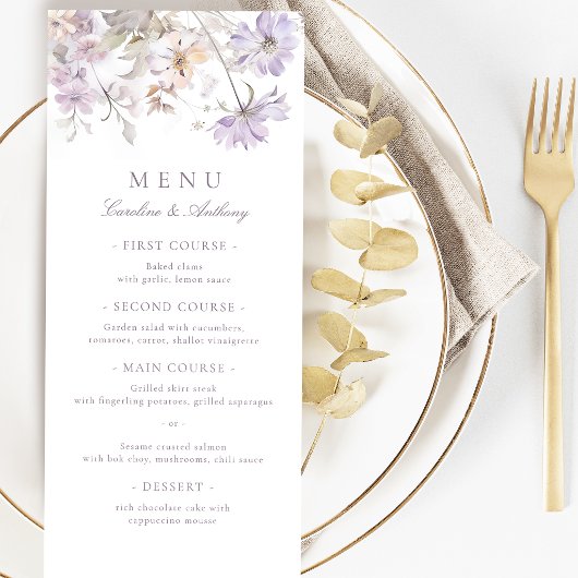 Paarse Elegante Botanische Bloemige Boho Bruiloft Menu