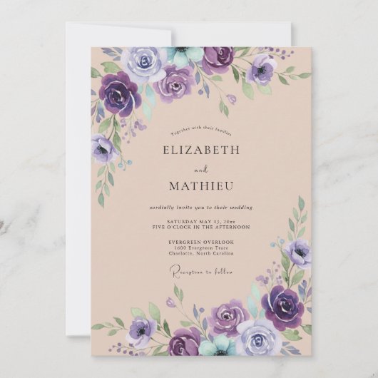 Paarse Elegante Botanische Bruiloft Kaart (Voorkant)