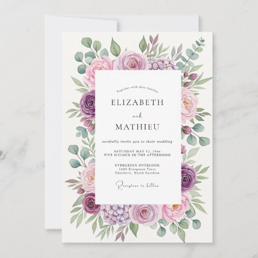 Paarse Elegante Botanische Bruiloft Kaart (Voorkant)
