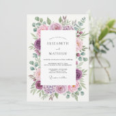 Paarse Elegante Botanische Bruiloft Kaart (Staand voorkant)