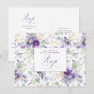 Paarse Elegante Botanische Trouw RSVP Postkaart