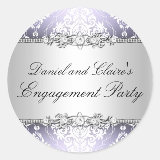 Paarse Elegante Damast Verlovingsfeest Sticker (Voorkant)