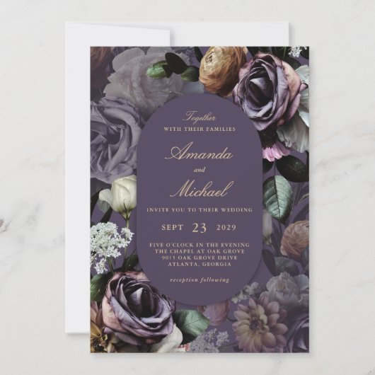 Paarse Elegante Dark Moody Floral Wedding Kaart (Voorkant)