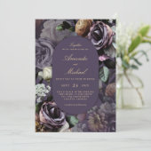 Paarse Elegante Dark Moody Floral Wedding Kaart (Staand voorkant)