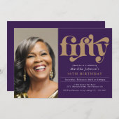 Paarse elegante foto 50e verjaardag kaart (Voorkant / Achterkant)