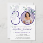 Paarse Elegante Foto Bloemen 30e Verjaardagsfeest Kaart (Voorkant)