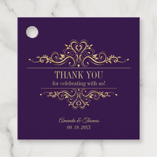 Paarse elegante gouden lijst bruiloft bedankjes labels (Voorkant)