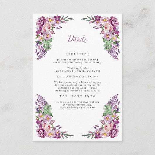 Paarse Elegante Huwelijksdetail Informatiekaartje (Voorkant)