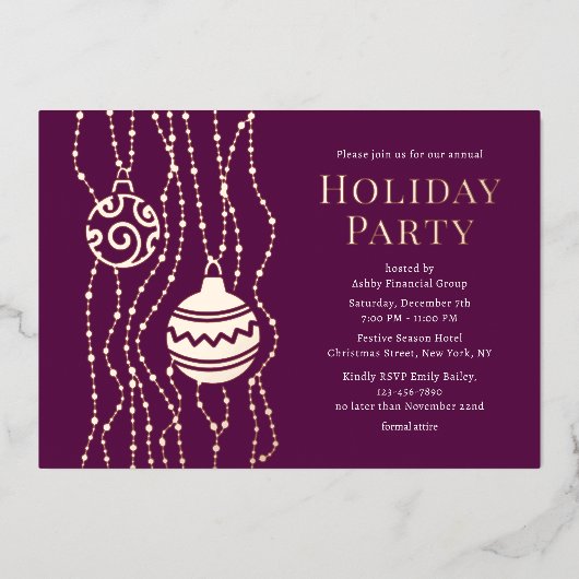 Paarse Elegante Kerst Party Zakelijke Vakantie Folie Uitnodiging (Voorkant)