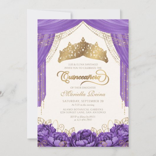 Paarse Elegante Kroonbloem Quinceanera Kaart (Voorkant)