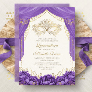 Paarse Elegante Masker Maskerade Quinceanera Kaart