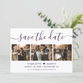 Paarse Elegante Moderne Script 4 Foto Huwelijk Save The Date (Staand voorkant)