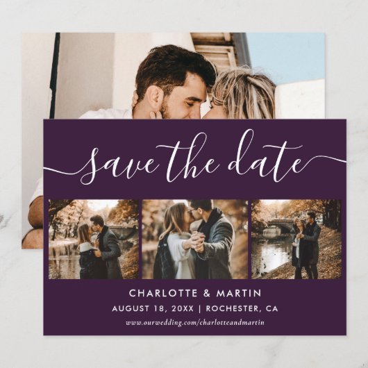 Paarse Elegante Moderne Script Foto Collage Bruilo Save The Date (Voorkant / Achterkant)