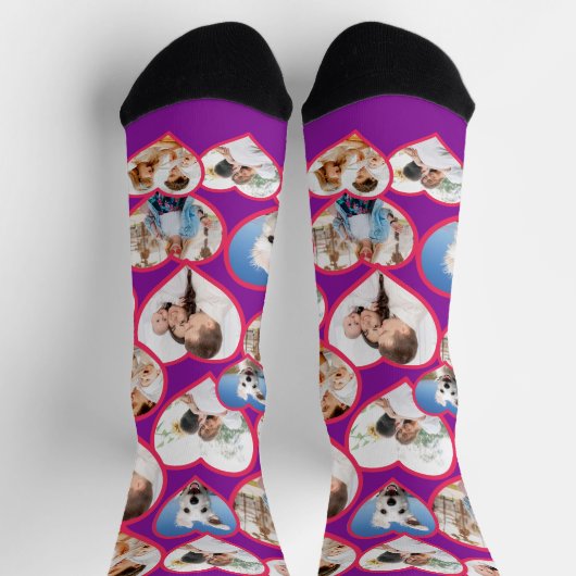 Paarse elegante rode hartpatroon | 5 Fotocollage Sokken (Top)