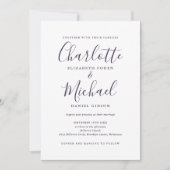 Paarse Elegante Script QR Code Huwelijk Kaart (Voorkant)