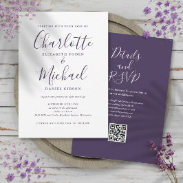 Paarse Elegante Script QR Code Huwelijk Kaart
